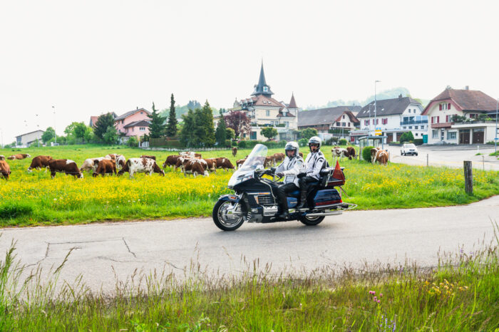 Zwei Goldwingfahrer auf ihrer Honda in der freiburgischen Landschaft.